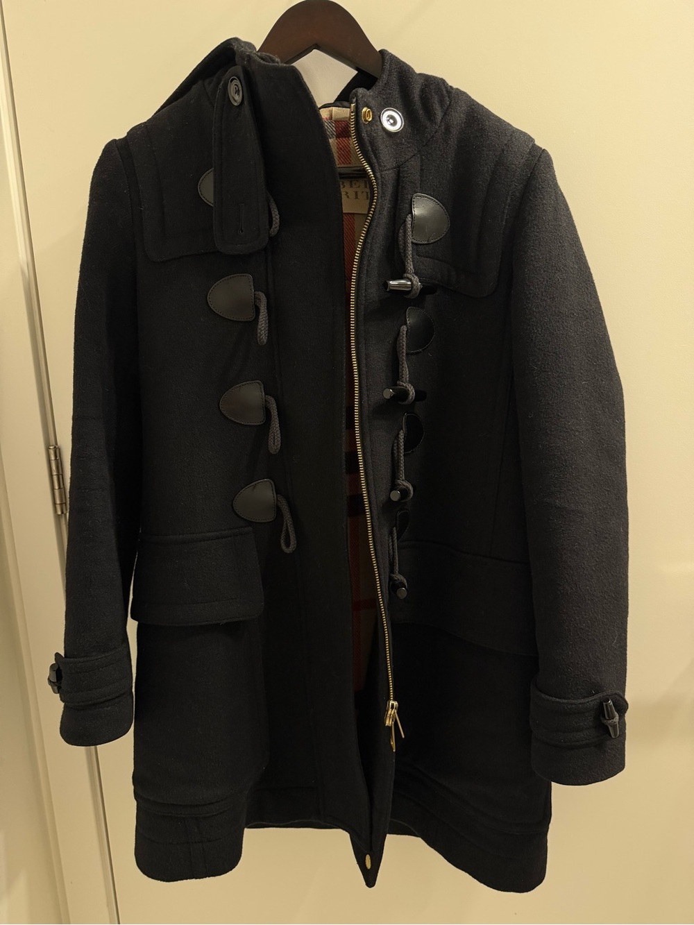 BURBERRY BRIT BLACK WOOL MIDI DUFFLE COAT SIZE 4